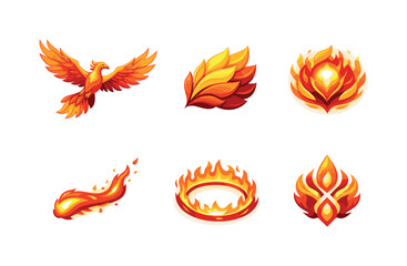 Fototapeta premium Eternal Firebird Icons. Eternal Firebird. Isometric flat vector icons set of Eternal Firebird: majestic phoenix gliding, layered flame feathers, glowing chest