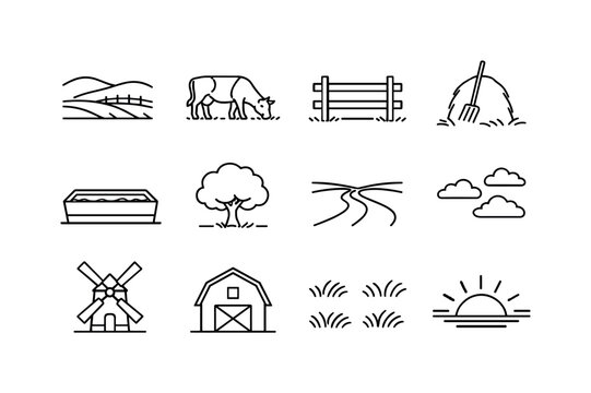 Countryside Icon Set. Countryside field. Line icon set of Countryside field: pasture land, grazing cow, wooden fence, haystack, water trough, country tree,