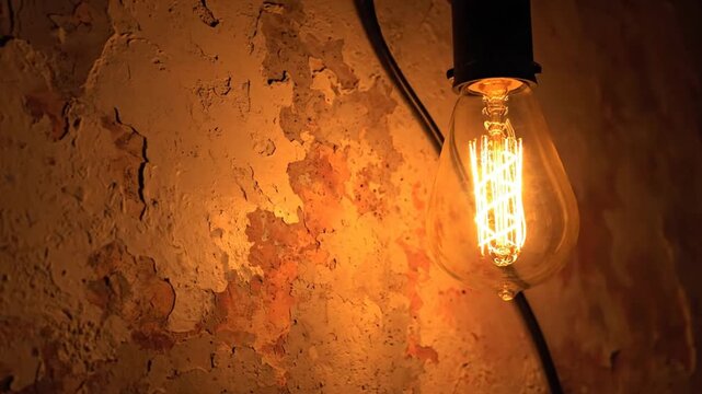 Vintage light bulb illuminating a worn, textured wall with a warm glow from a black cord