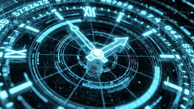 A futuristic blue-tinted clock face with Roman numerals and binary code, showcasing a blend of traditional and digital timekeeping