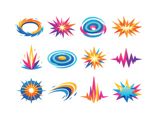 Obraz premium Colorful Sonic Bursts. Sonic bursts. Colorful flat vector icons set of sonic bursts: explosive wave ring, starburst sound pulse, energetic resonance, shockwave