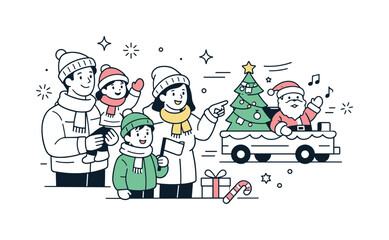 Fototapeta premium Joyful Christmas Parade. Family at Christmas parade event. Simple editorial scene highlighting winter tradition, family bonding and joyful holiday spirit.