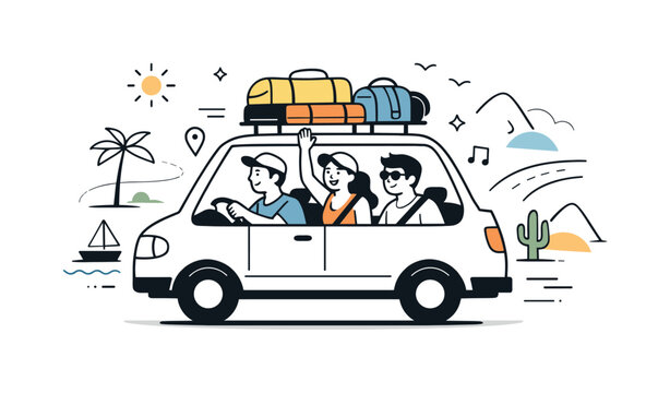 Road Trip Adventure. Spring break road trip. Friends traveling together in a car with bags and abstract scenery passing by. The scene suggests adventure,