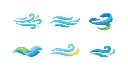 Colorful Breeze Icons. Breeze effect. Isometric flat vector icons set of Breeze effect: light wind curves, gentle airflow lines, floating breeze wave, airy
