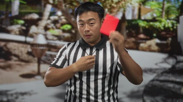 Young chinese referee in striped black and white shirt blowing whistle and showing red card in forest; authority discipline.