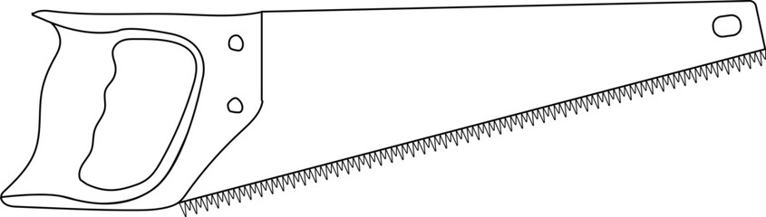 Simple black outline of a carpentry hand saw for woodworking tool and construction workshop manual labor design concepts isolated on white