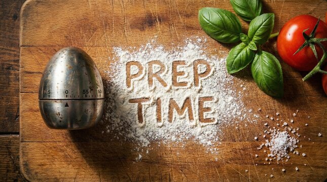 A food preparation scene with Prep Time written on a wooden board. It includes ingredients like a tomato, basil leaves, salt, and an egg timer. 