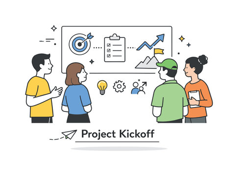 Team Planning Session. Project kickoff huddle. A team briefly gathering around a board with simple icons and goals. The illustration suggests alignment,