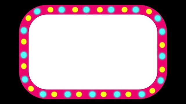Seamless loop animation of colorful marquee light banner forming a rounded rectangle frame on black background, glowing bulbs changing colors, perfect for signs, promos, and UI overlays