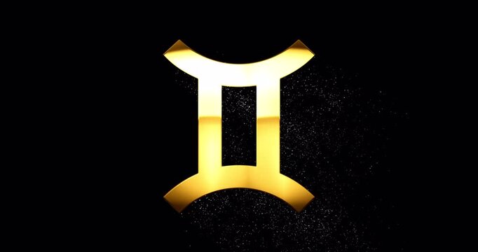 Gemini gold zodiac sign with glare and glittering falling particles, Gemini symbol with specular highlight reflection, loop footage