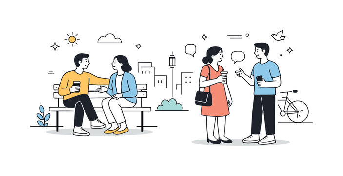 Urban Serenity Scene. Urban daily routine. City dwellers enjoying a peaceful moment outdoors, light conversation and slow pace, minimal cityscape details