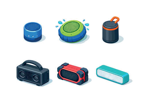 Portable Speaker Icons. Portable sound. Isometric flat vector icons set of portable sound: mini bluetooth speaker, waterproof bluetooth speaker, travel