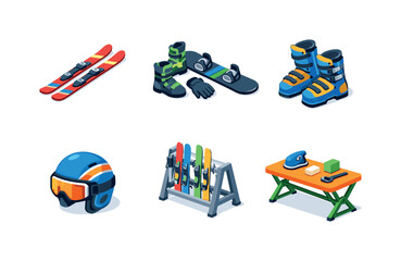 Ski Equipment Icons Grid. Ski Equipment. Isometric flat vector icons set of Ski Equipment: alpine skis pair, snowboard gear set, ski boots, helmet with