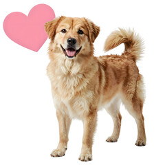 A happy valentine dog standing happily outdoors with a heart symbol beside it