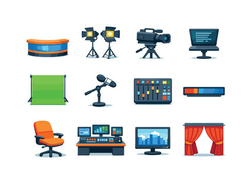 Broadcast Studio Icons. Broadcast studio. Colorful flat vector icons set of Broadcast studio: anchor table, bright lights, studio camera, teleprompter screen,