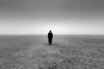 Solitude Figure Walking On Foggy Beach