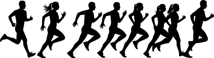 Fototapeta premium Runner silhouette set of sprinters, runners and joggers running track or jogging. People silhouettes in outline. Women and men, male and female athletes racing. 