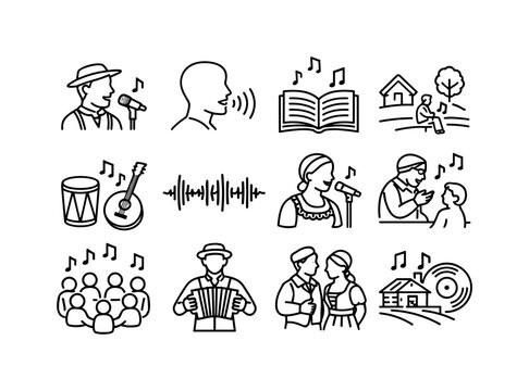 Dialect Singing Icons. Dialect Singing. Line icon set of Dialect Singing: regional singer icon, local accent voice, folk dialect lyrics, village singing scene,