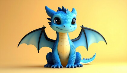 Naklejka premium Adorable Blue Dragon Figurine with Wings and Smiling Expression on Yellow Background.
