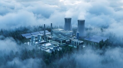 Aerial view of a futuristic clean energy factory with solar panels and cooling towers integrated into a lush misty forest. Concept of sustainable industry and advanced green technology.