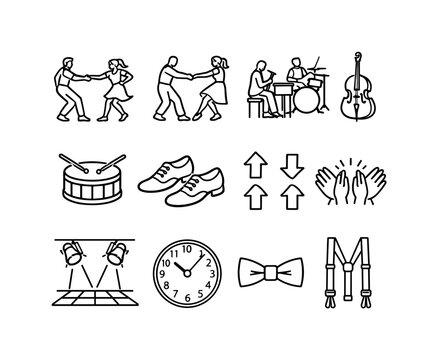 Lindy Hop Icons. Lindy hop party. Line icon set of Lindy hop party: lindy hop dancers, swing out move, jazz trio, upright bass, snare drum, dance shoes, dance