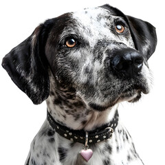 Black and white dog wearing a valentine heart shaped pendant on a black collar captured from a close-up viewpoint.