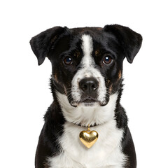 Sweet valentine dog portrait with heart-shaped collar tag, close-up view of adorable black and white pet