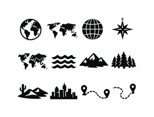 Naklejka premium World Icons Collage. World. Solid icon set of World: globe, world map, earth continents, latitude longitude grid, compass rose, international borders, ocean