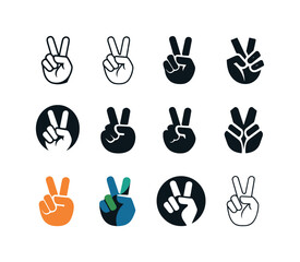 Fototapeta premium Expressive Hand Logos. Expressive hands. Icon set. Set Logo of expressive hands: peace sign fingers. harmonious logo variations of the same emblematic concept,
