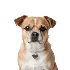 A lovely dog wearing a heart-shaped valentine tag sits attentively on a white background in a studio