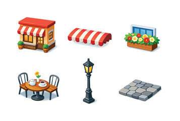 Obraz premium Street Cafe Icons. Street cafe outdoor scene. Isometric flat vector icons set of Street cafe outdoor scene: cafe facade storefront, striped awning, window