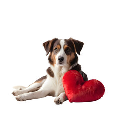 Adorable canine companion presents a soft red heart, celebrating love and affection for a heartwarming Valentine's Day moment