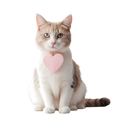 Adorable feline friend wearing a sweet pink heart tag, celebrating love and affection. Perfect studio shot for a charming valentine's greeting or loving pet theme