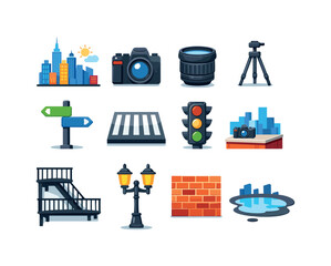 Fototapeta premium Urban Photography Icons. Urban Photography. Colorful flat vector icons set of Urban Photography: city skyline, DSLR camera, camera lens, tripod, street sign,