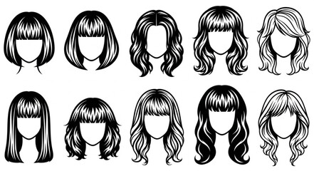 Collection of diverse female hairstyles in black and white illustration.