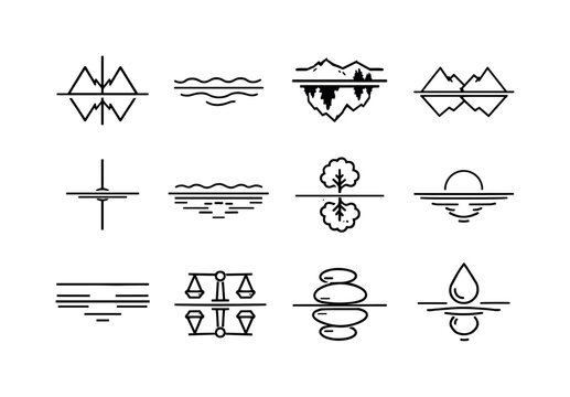 Mirror Icon Collection. Mirror Reflection. Line icon set of Mirror Reflection: symmetrical reflection, water mirror line, inverted landscape, perfect symmetry,