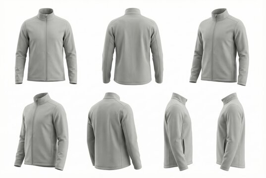 Gray zip-up jacket mockup shown from multiple angles against a white background