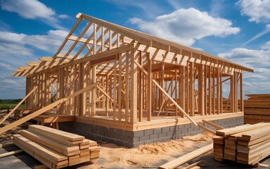 The wooden skeleton of a new home stands tall against a bright blue sky filled with white clouds. Stacks of lumber are neatly piled in the foreground, ready for the next phase of the building process.