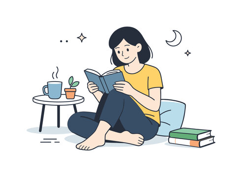 Serene Book Moment. Quiet reading time. A character enjoying a book in a relaxed pose, free from distractions. Calm focus and mindful pause in a