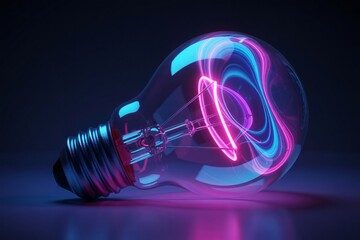 A classic glass light bulb contains a glowing swirl of neon pink and blue filaments instead of a traditional wire.
