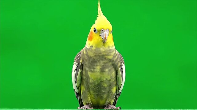 Adorable Cockatiel Parrot Sitting on a Green Screen Background