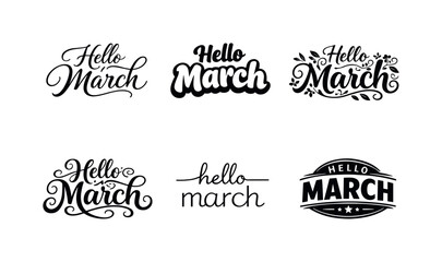 March Lettering Variations. Hello March Calendar. Set lettering. harmonious lettering variations of the same emblematic concept, each with different artistic