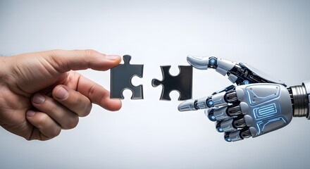 Concept of human-robot collaboration. A human hand and a robotic hand connecting two metallic puzzle pieces, symbolizing AI partnership, technological synergy, and innovative problem solving.