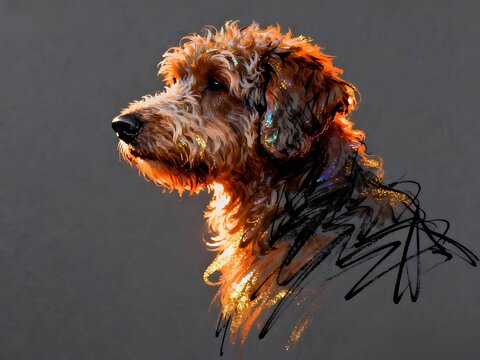 Minimalist abstract sketch series : Aussiedoodle dog, with iridescent orange-gold effect portrait of a canine pet in gray cardstock 005