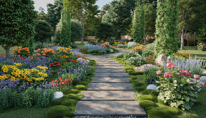 Obraz premium Ogród z pięknymi kolorowymi kwiatami ze ścieżką z płytek pośrodku ilustracji.