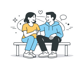 Fototapeta premium Friendly Bench Chat. Physical proximity. Two friends sitting closely on a bench, chatting and smiling with subtle abstract lines showing connection. Calm,