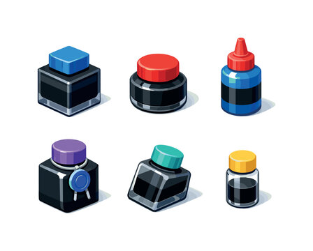 Isometric Ink Set. Office Ink. Isometric flat vector icons set of Office Ink: square ink bottle, compact desk ink jar, refill ink bottle, sealed ink container,