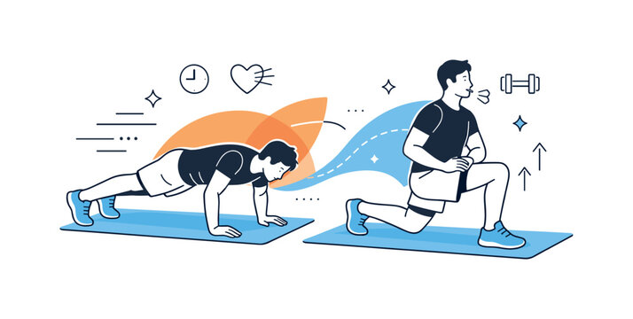 Functional Workout Illustration. Functional fitness workout. A person performs burpees and lunges on a gym mat, breathing steadily during intense intervals.