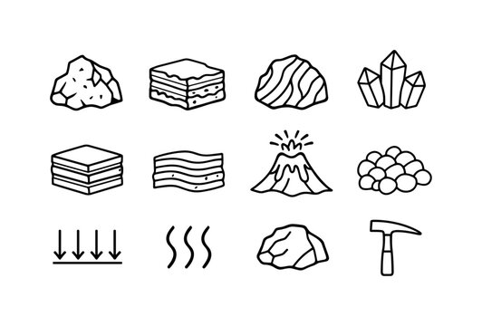 Rock Icon Set. Rock Types. Line icon set of Rock Types: igneous rock, sedimentary rock, metamorphic rock, crystal structure, layered rock, foliated texture,