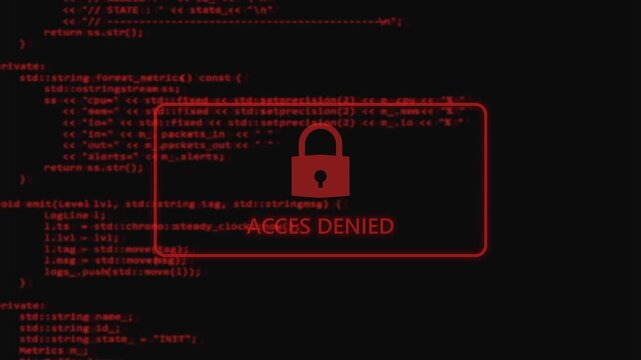 Cybersecurity concept of Access Denied with a red padlock symbol overlaid on a computer code screen with error messages, symbolizing digital security breach and unauthorized entry
